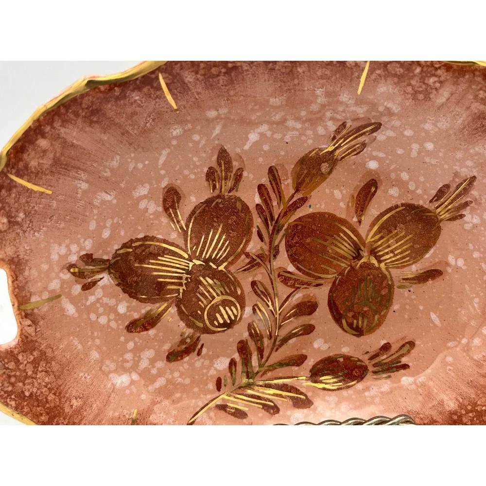 Vtg MCM Capri Holland Ceramic Platter Pink Gold Rose Spongeware 3/4004 Signed